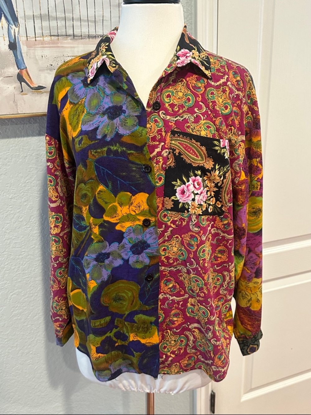 Carnival Sz Large VTG Patchwork Floral Button-Up Blouse in Multicolor Patterns